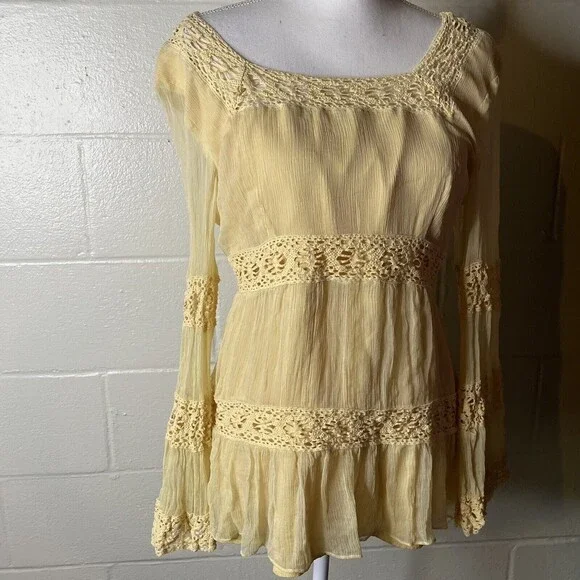 WILLI SMITH Women Silk Large Sheer Gold Yellow Long Sleeve Boho Top Crochet - Picture 3 of 7